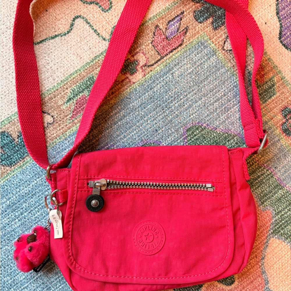 NWT Kipling Small Crossbody Bag in Bright Hot Pink with Monkey Charm